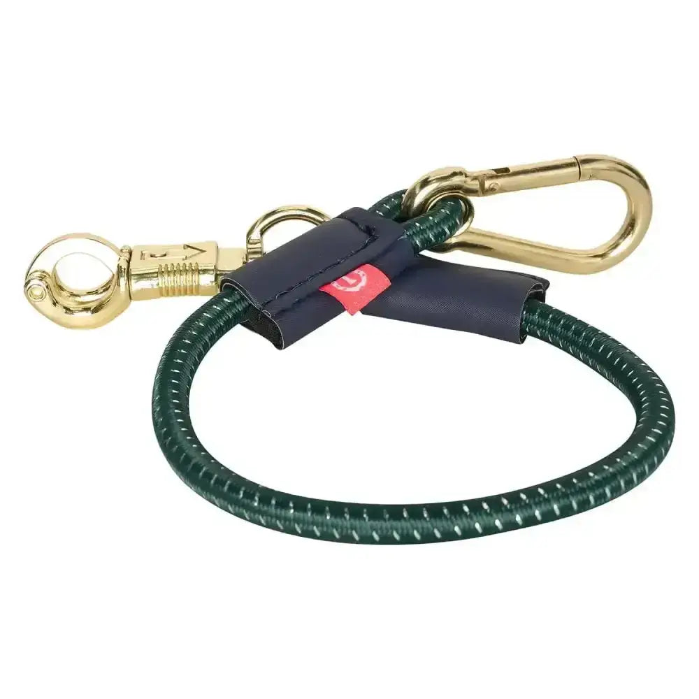 Dark green braided imperial riding trailerline with gold panic hook and navy leather strap 60 cm riding trailerline elastic