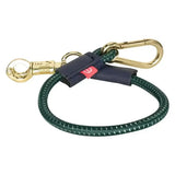 Dark green braided imperial riding trailerline with gold panic hook and navy leather strap 60 cm riding trailerline elastic