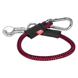 Maroon braided imperial riding trailerline elastic keychain with black leather loops and silver panic hook clips 60 cm