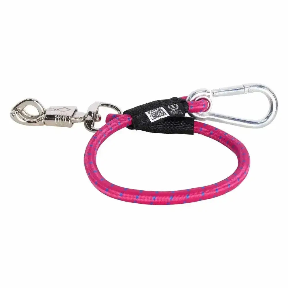 Imperial riding trailerline elastic 60 cm pink and blue striped leash with silver panic hook and snap hook attachments