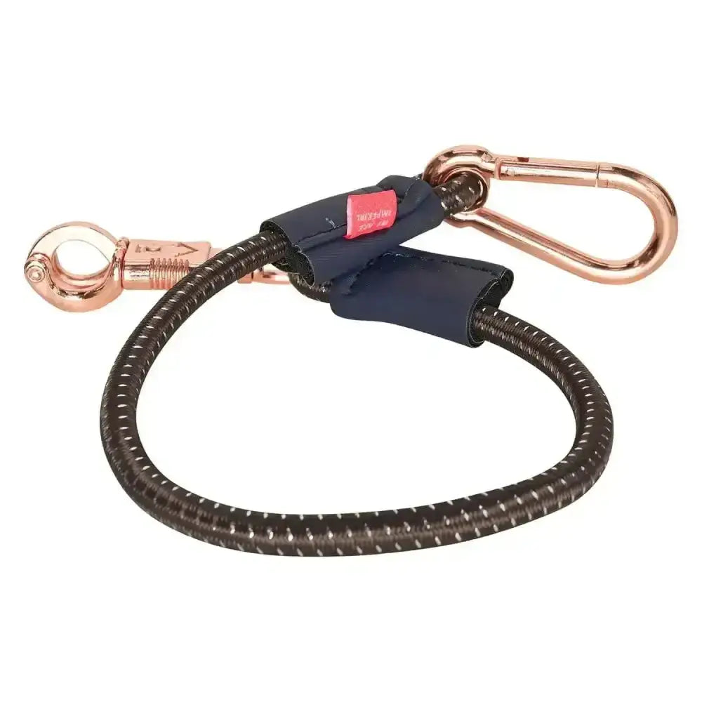 Rose gold imperial riding trailerline elastic 60 cm with panic hook and metal clasp on dark navy woven cord