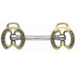 Gold-colored hand stallion bit with polished silver shaft and detailed horseshoe ends for in-hand showing bridle bits bridle