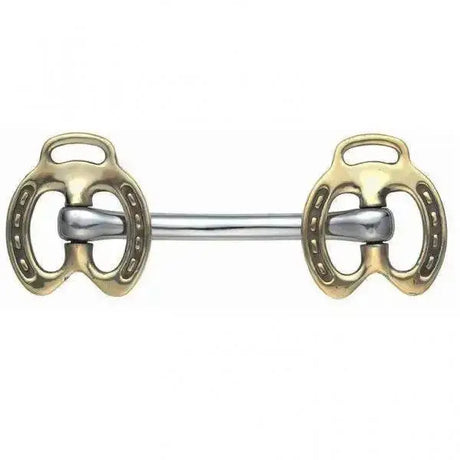 Gold-colored hand stallion bit with polished silver shaft and detailed horseshoe ends for in-hand showing bridle bits bridle