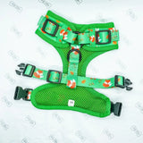 Green mesh inquisitive fox xxs puppy harness with orange fox print and black buckles for small breeds