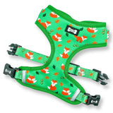 Inquisitive fox xxs puppy harness in green with fox print and orange white cartoon foxes for small breeds