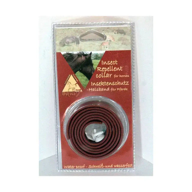Red insect repellent collar for horses in clear plastic packaging with natural ingredients for effective insect repellent collars