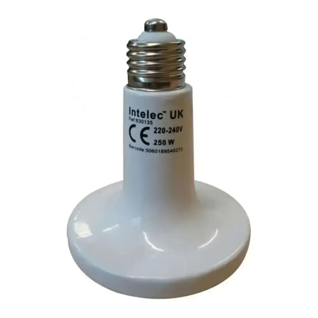 White ceramic base intelec dull emitter dull emitter ceramic heat bulb with metallic screw cap and printed specs