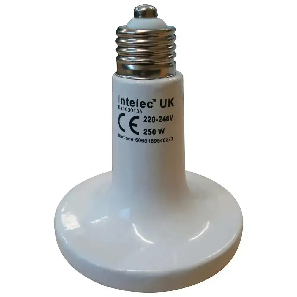 White ceramic base intelec dull emitter heat bulb with metallic screw cap and printed dull emitter ceramic specs