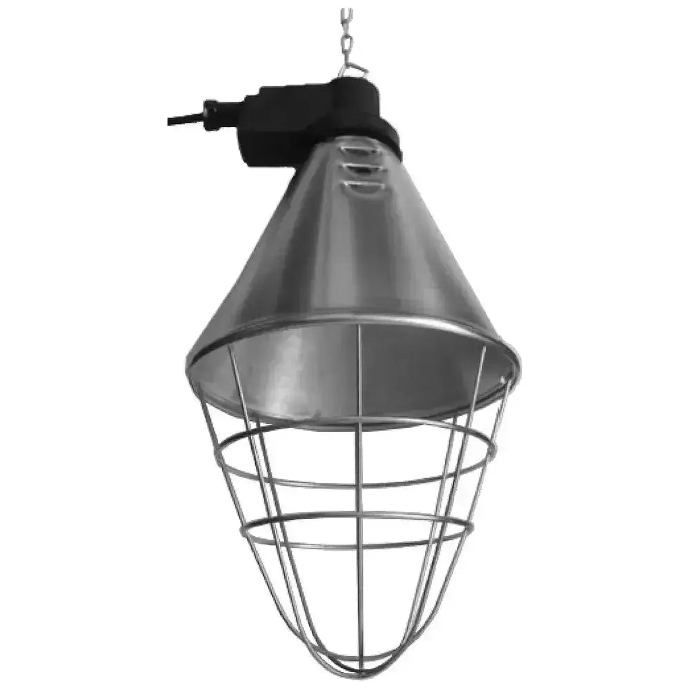 Industrial-style intelec lec250en eco infra-red heat lamp reducer with metallic finish and protective wire cage in silver