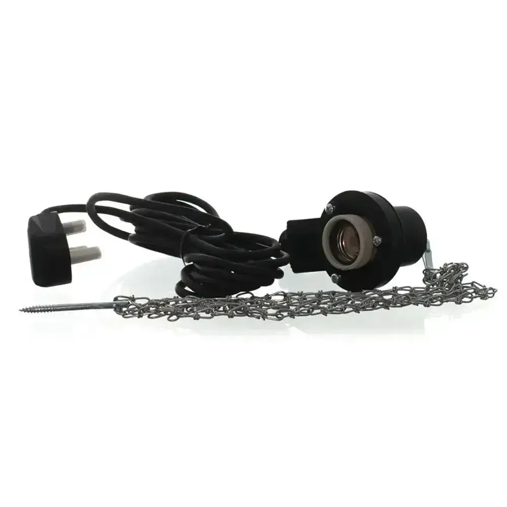 Black plastic intelec pre-wired infra-red heat lamp holder with coiled power cord and metal chain attached