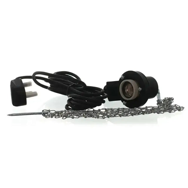 Black plastic intelec pre-wired infra-red heat lamp holder with coiled power cord and metal chain attached