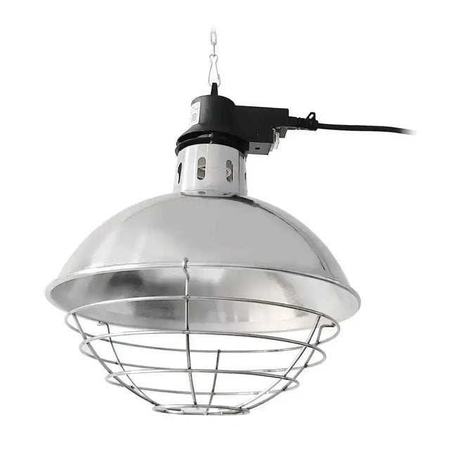Intelec trad infra-red heat lamp with chromed domed wire guard and black electrical housing on spun aluminium shade