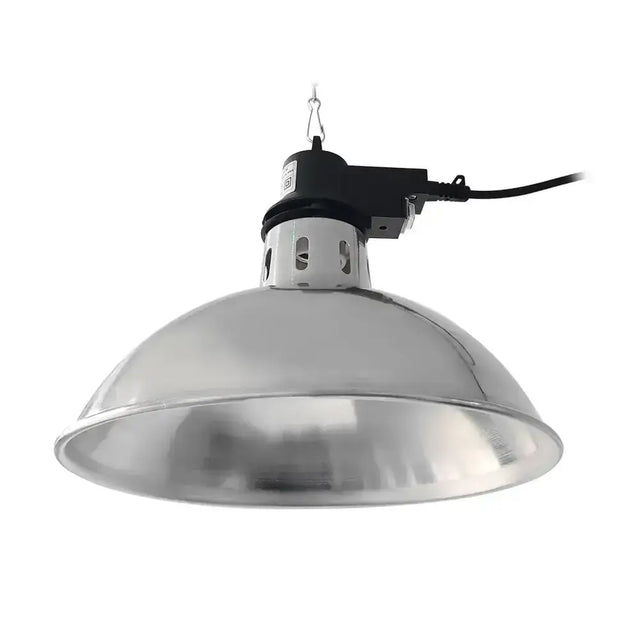 Industrial-style chrome-finished pendant light with black housing and chain for intelec trad infra-red shade reducer
