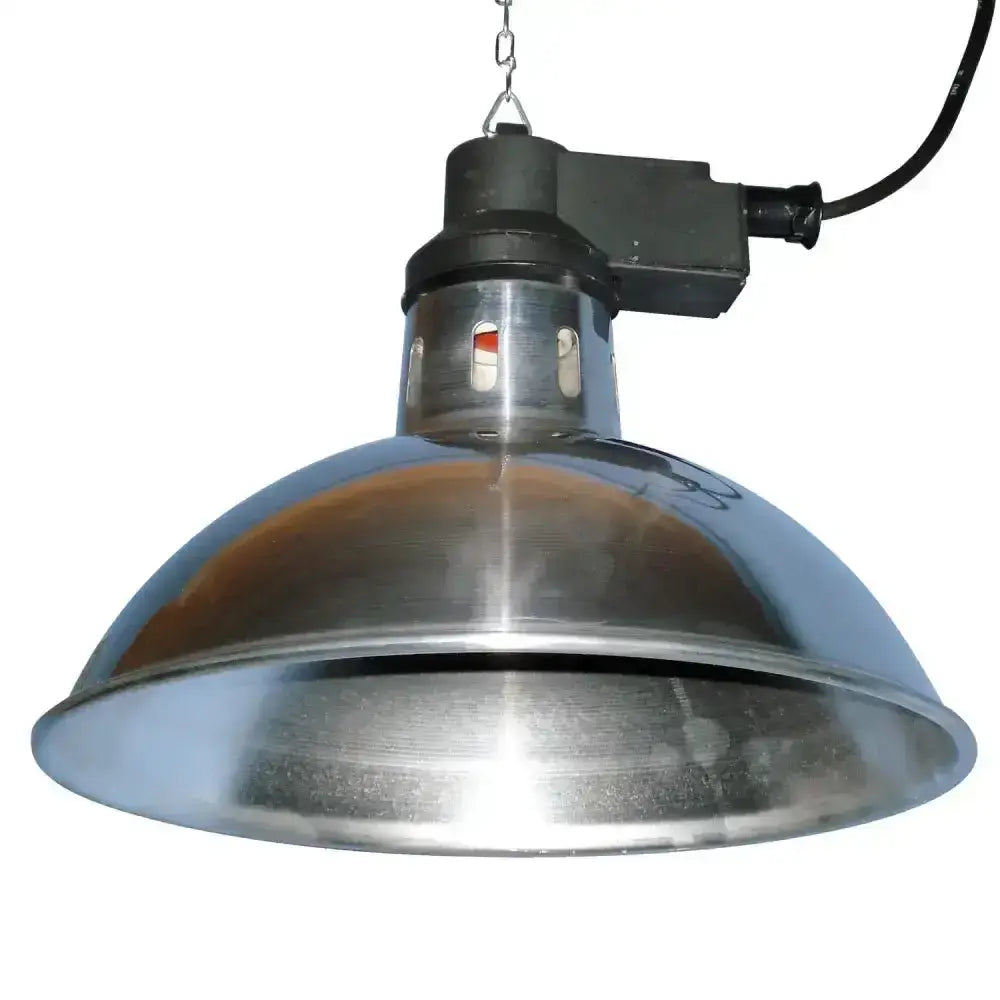 Chrome-finished dome-shaped intelec trad infra-red pendant heater with black housing and chain suspension for trad infra-red heat
