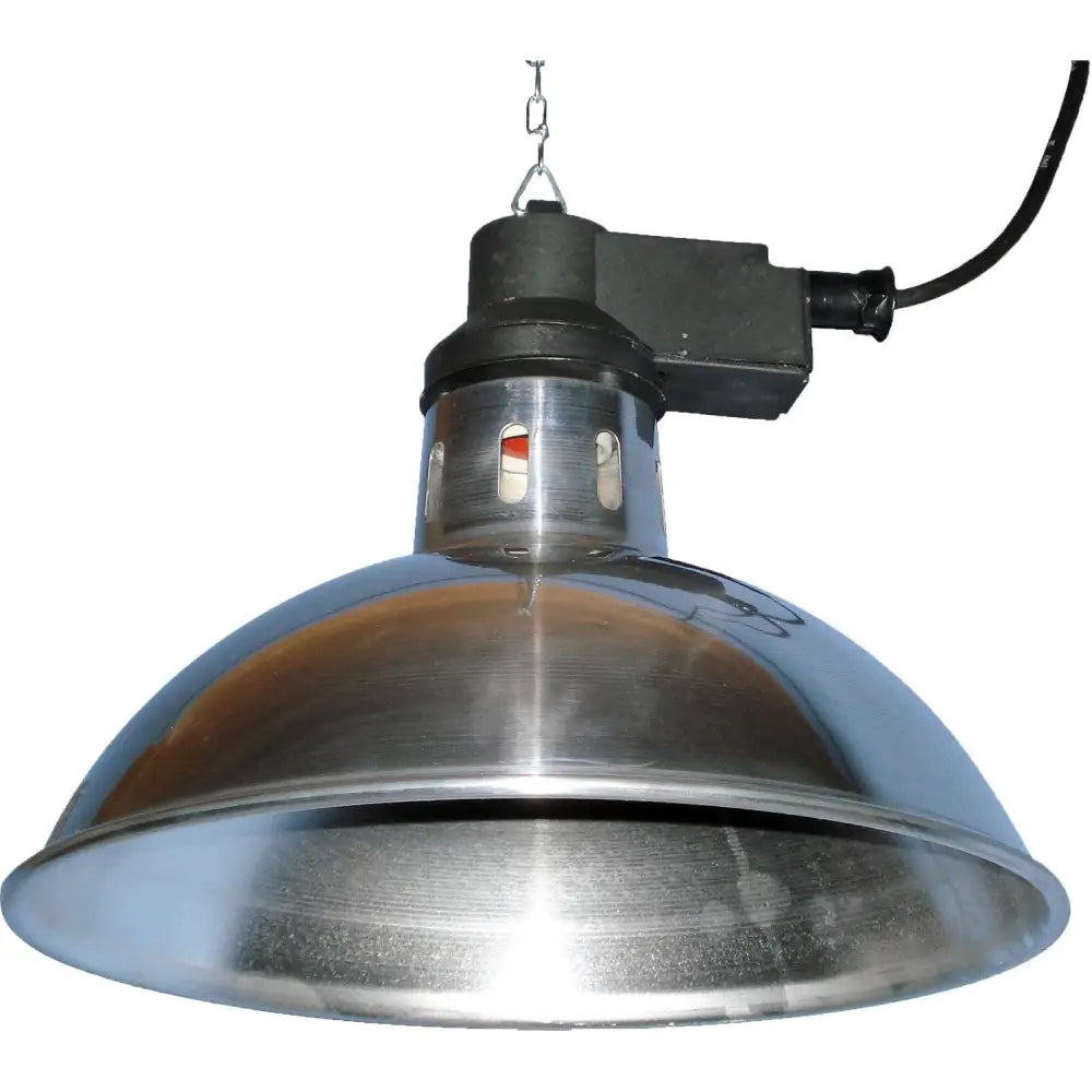 Industrial-style chrome dome intelec trad infra-red heat lamp with black housing and power cord british made infra-red