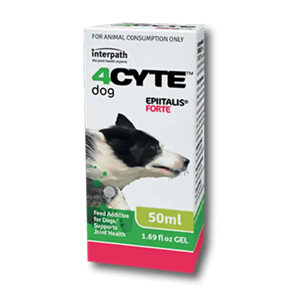 White and green cardboard box of interpath 4cyte epiitalis forte gel 50ml feed additive for dogs