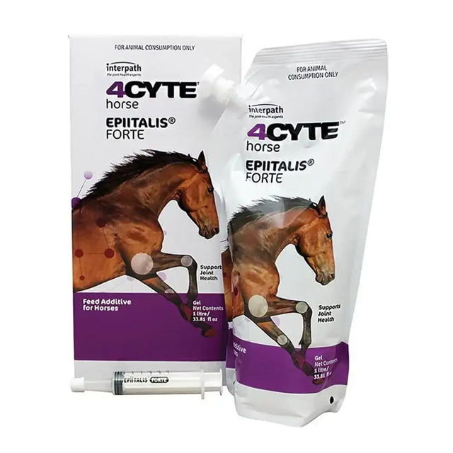 White and purple pouch of interpath 4cyte epiitalis forte gel feed additive supporting horse joint health