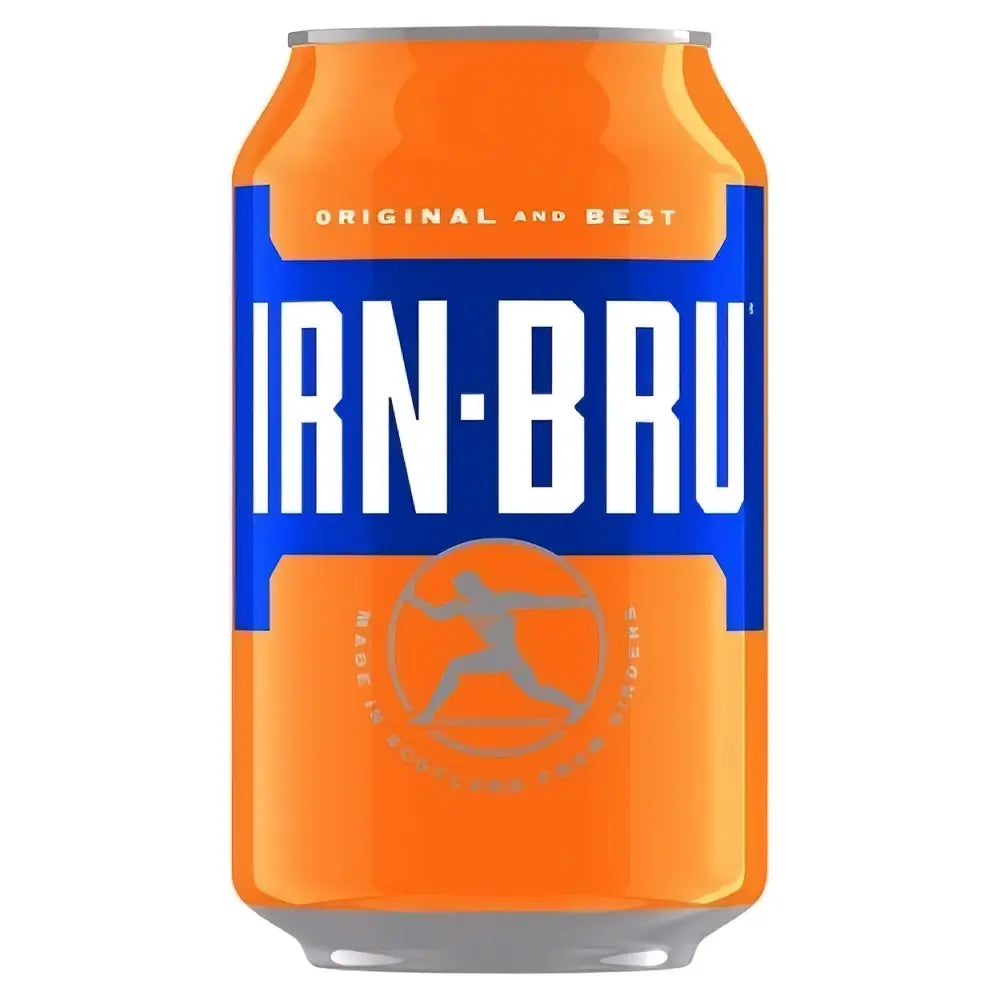 Orange aluminum irn bru canned drink 330mls with bold blue label and white irn bru branding on the front