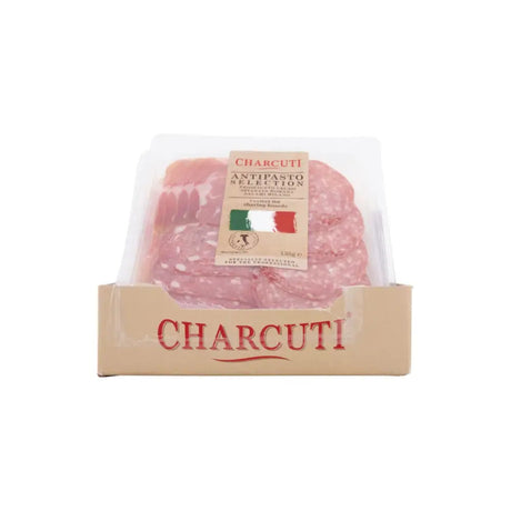 Charcutti italian mixed antipasti featuring sliced cured meats with fat marbling in clear plastic wrap on beige box