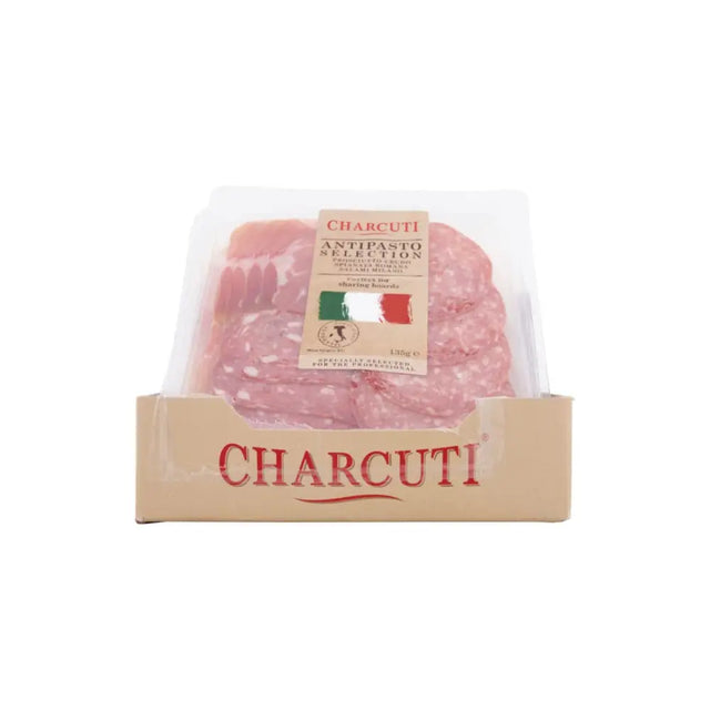Charcutti italian mixed antipasti featuring sliced cured meats with fat marbling in clear plastic wrap on beige box