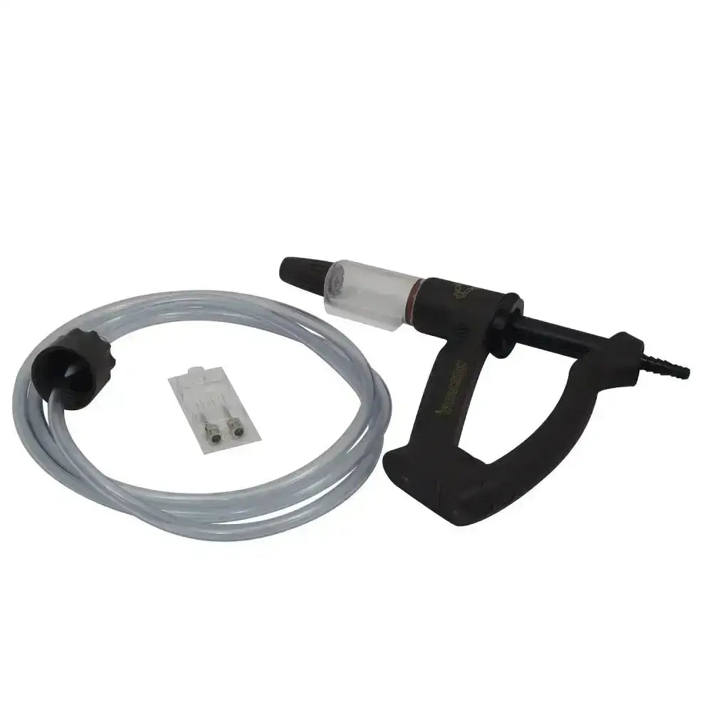 Black plastic ivomec injector with transparent fluid reservoir and coiled gray hose for equestrian use