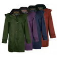 Olive green jack murphy cotswold 3/4 length waterproof riding coat with quilted collar and button closures for walkers