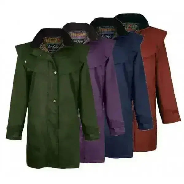 Olive green jack murphy cotswold 3/4 length waterproof riding coat with quilted collar and button closures for walkers