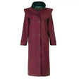 A maroon jack murphy malvern waterproof long riding coat with a wide collar and button closures perfect for rain
