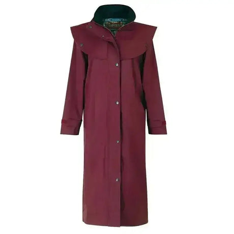 A maroon jack murphy malvern waterproof long riding coat with a wide collar and button closures perfect for rain