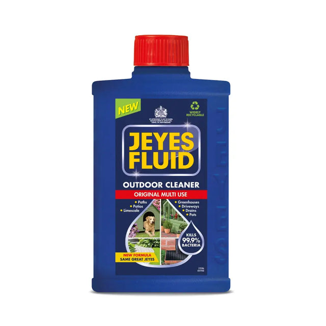 Blue plastic bottle of jeyes fluid equestrian cleaner with red cap and label showing multi-use outdoor cleaning properties