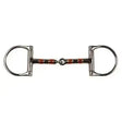 Silver-colored jhl pro steel copper roller d-race snaffle with red and black striped enamel horsebit detail