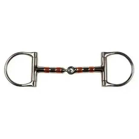 Silver-colored jhl pro steel copper roller d-race snaffle with red and black striped enamel horsebit detail