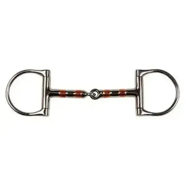 Silver-colored jhl pro steel copper roller d-race snaffle with red and black striped enamel horsebit detail