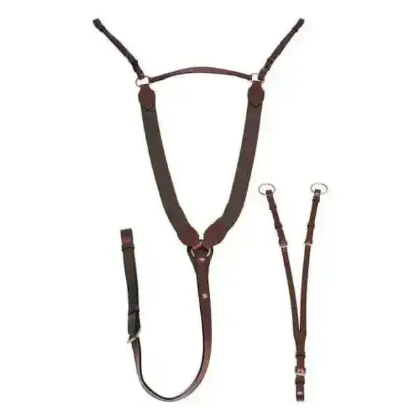 Brown leather jhl v check breastplate with supple pre-oiled leather adjustable martingale attachments and elasticated shoulder straps