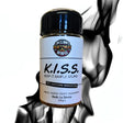 A glass jar with a black lid and white label of jim slim barbecue k.i.s.s rub from slim barbecue seasonings collection