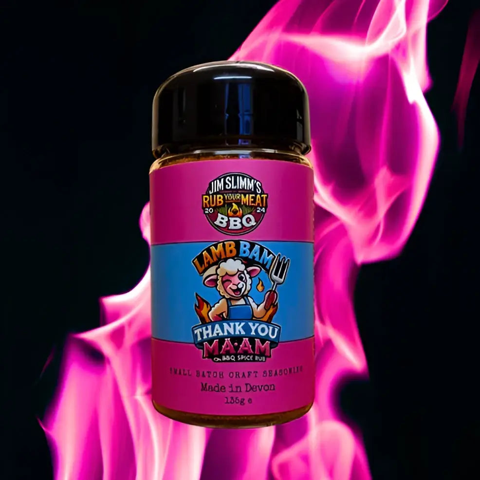 Jim slim barbecue lamb bam seasoning jar with pink and blue label and black lid from slim barbecue seasonings