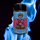 A vibrant pink and blue jar of jim slim barbecue squeal appeal bbq spice rub with a cartoon pig holding a spatula label
