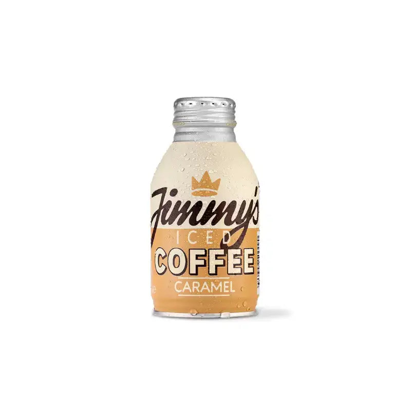 Jimmy’s iced coffee caramel bottlecan 275ml with amber liquid, silver cap, and bold black lettering on orange label