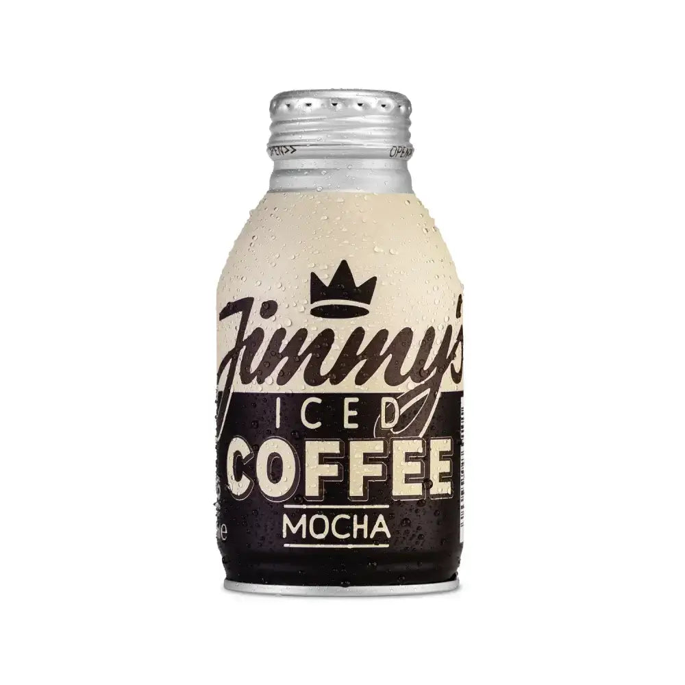 Jimmy’s iced coffee mocha in a chilled aluminum bottle with a black cream label and bold crown logo 275ml