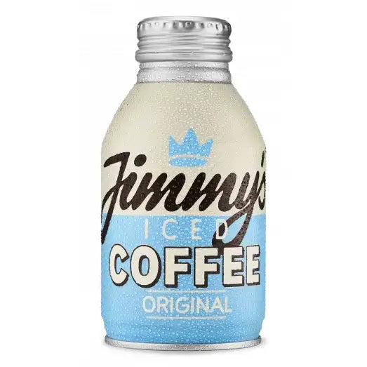 A chilled jimmy’s iced coffee original bottlecan 275ml with a light blue label silver cap and condensation droplets