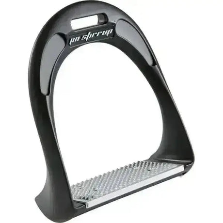Black plastic jin stirrup with silver metal footplate featuring textured diamond pattern for evol riding stirrups use