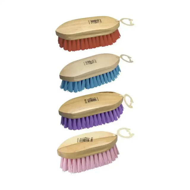 Set of four jockey dandy brush horse grooming combs with hard wearing polypropylene colorful bristles and wooden handles
