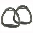 Black triangular jockey stirrups compositi with textured ribbed grip surfaces for extremely light jockey stirrups use