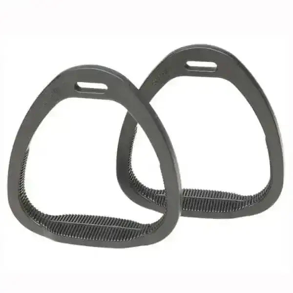 Black triangular jockey stirrups compositi with textured ribbed grip surfaces for extremely light jockey stirrups use
