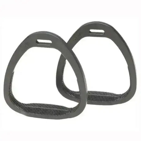 Black triangular jockey stirrups compositi with textured ribbed grip surfaces for extremely light jockey stirrups use