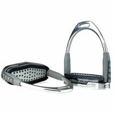 Silver and black john whitaker air cushion stirrup irons with textured rubber grips for secure riding comfort