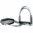 Silver and black john whitaker air cushion stirrup irons with textured rubber grips for secure riding
