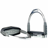 Silver and black john whitaker air cushion stirrup irons with textured rubber grips for secure riding