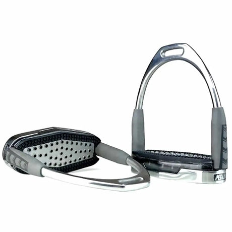 Silver and black john whitaker air cushion stirrup irons with textured rubber grips for secure riding