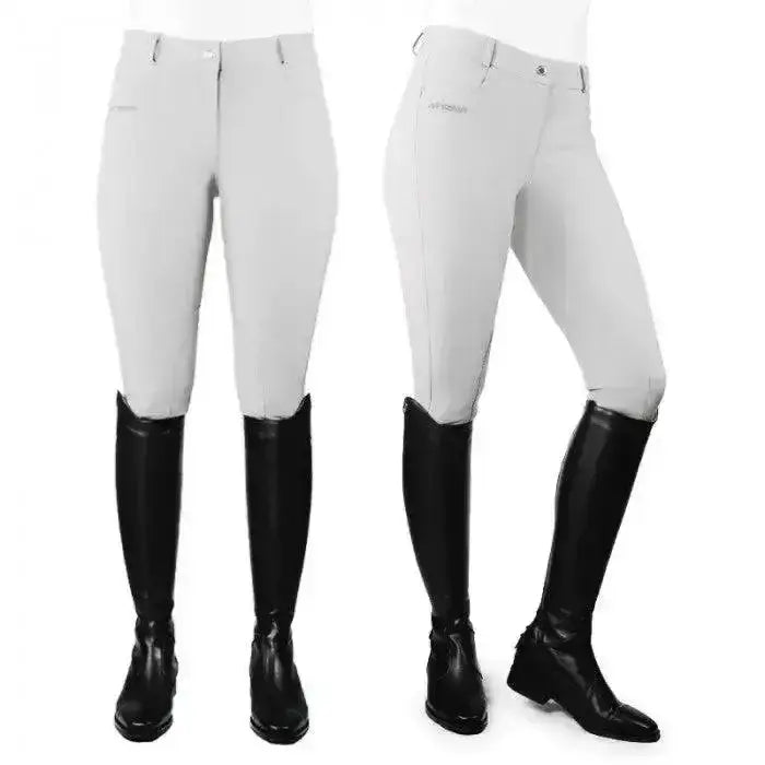 Light gray john whitaker horbury classic ladies breeches with sleek fit and subtle thigh branding for riding use